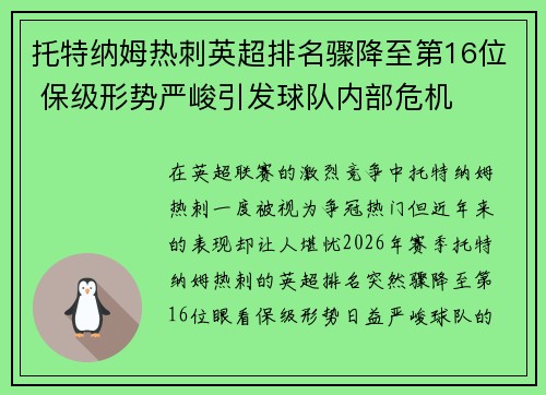 托特纳姆热刺英超排名骤降至第16位 保级形势严峻引发球队内部危机 托特纳姆热刺英超排名骤降至第16位 保级形势严峻引发球队内部危机
